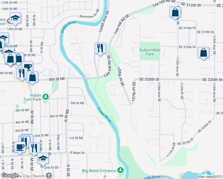 map of restaurants, bars, coffee shops, grocery stores, and more near 32115 105th Place Southeast in Auburn