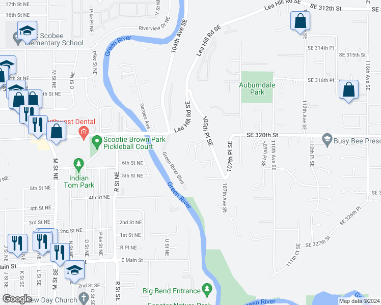 map of restaurants, bars, coffee shops, grocery stores, and more near 32115 105th Place Southeast in Auburn
