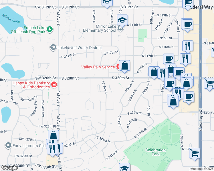 map of restaurants, bars, coffee shops, grocery stores, and more near 500 South 321st Street in Federal Way