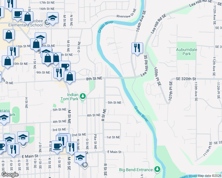 map of restaurants, bars, coffee shops, grocery stores, and more near 1602 7th Street Northeast in Auburn