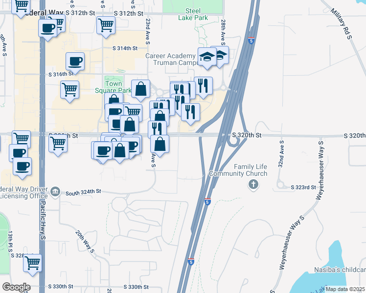 map of restaurants, bars, coffee shops, grocery stores, and more near 2505 South 320th Street in Federal Way