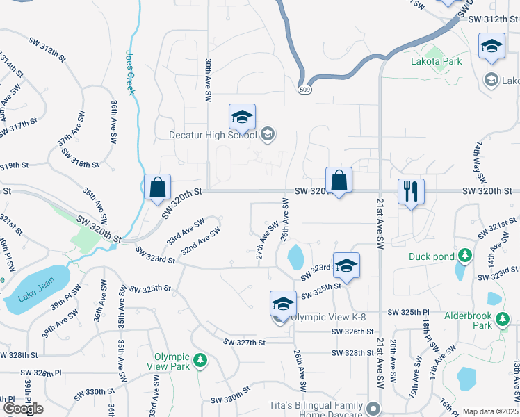 map of restaurants, bars, coffee shops, grocery stores, and more near 2631 Southwest 320th Place in Federal Way