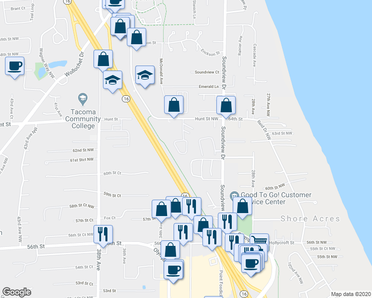 map of restaurants, bars, coffee shops, grocery stores, and more near 6238 Harbor Sunset Lane in Gig Harbor