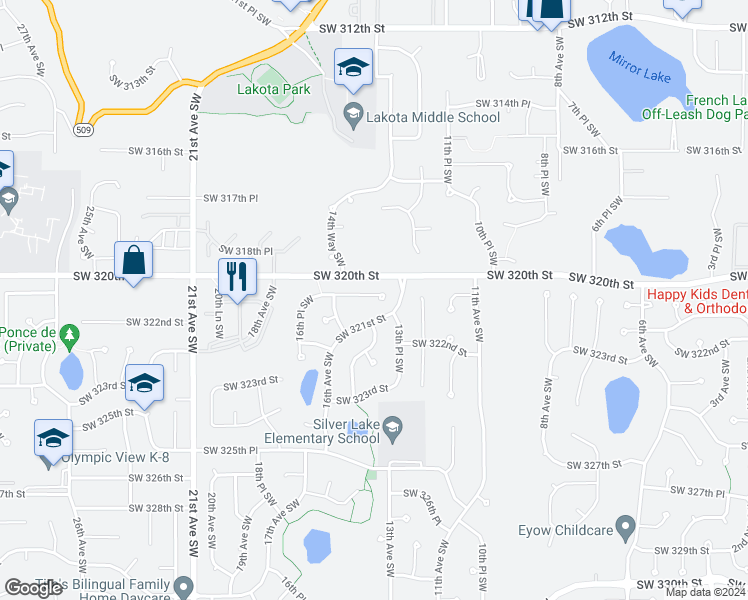 map of restaurants, bars, coffee shops, grocery stores, and more near 1415 Southwest 320th Place in Federal Way