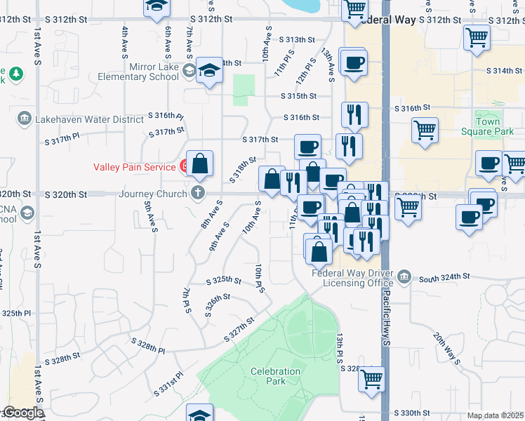 map of restaurants, bars, coffee shops, grocery stores, and more near 32110 10th Avenue South in Federal Way