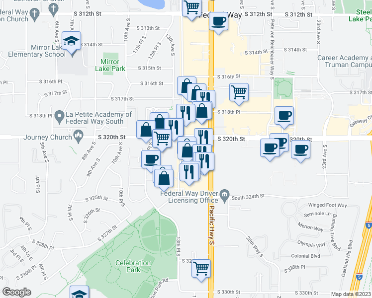 map of restaurants, bars, coffee shops, grocery stores, and more near 32015 Pacific Highway South in Federal Way