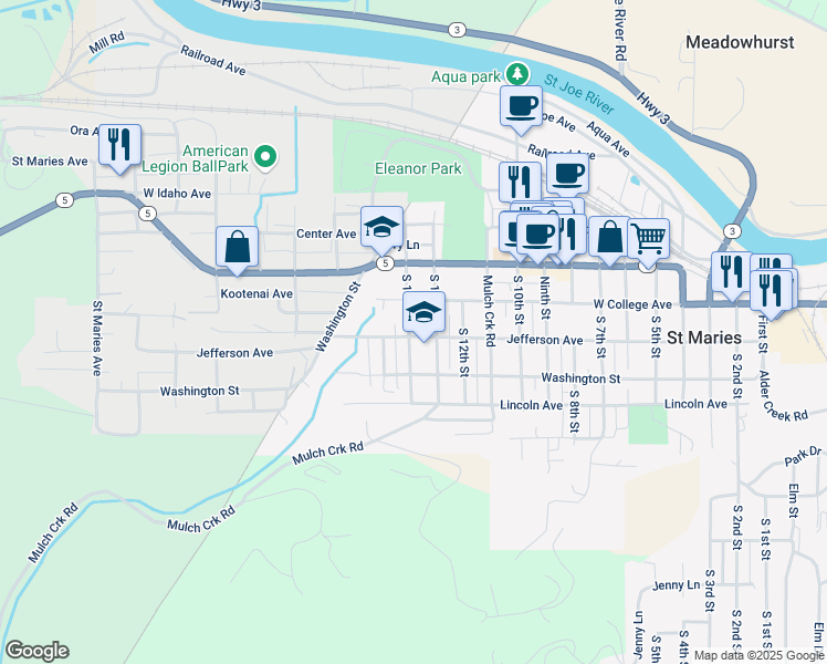 map of restaurants, bars, coffee shops, grocery stores, and more near 234 South 14th Street in Saint Maries