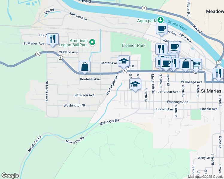 map of restaurants, bars, coffee shops, grocery stores, and more near 256 Coeur D Alene Avenue in Saint Maries