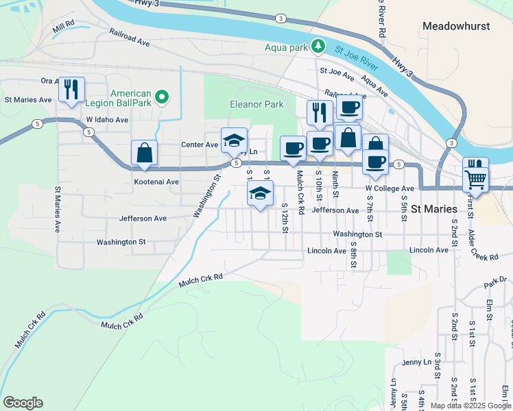 map of restaurants, bars, coffee shops, grocery stores, and more near 234 South 14th Street in Saint Maries