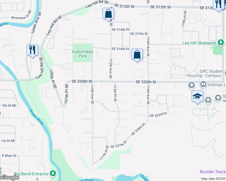 map of restaurants, bars, coffee shops, grocery stores, and more near 11212 Southeast 321st Place in Auburn
