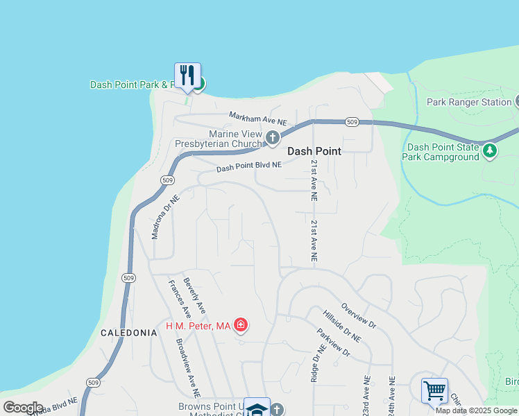 map of restaurants, bars, coffee shops, grocery stores, and more near 6320 Dash Point Boulevard Northeast in Tacoma