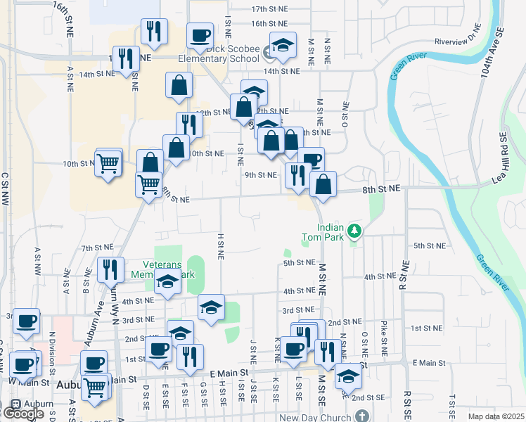 map of restaurants, bars, coffee shops, grocery stores, and more near 663 I Place Northeast in Auburn