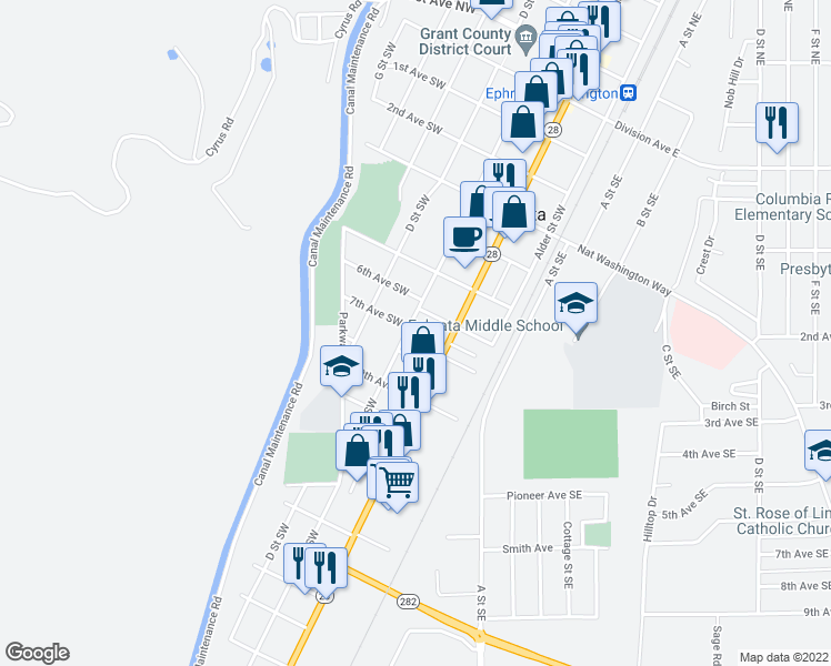 map of restaurants, bars, coffee shops, grocery stores, and more near 646 C Street Southwest in Ephrata