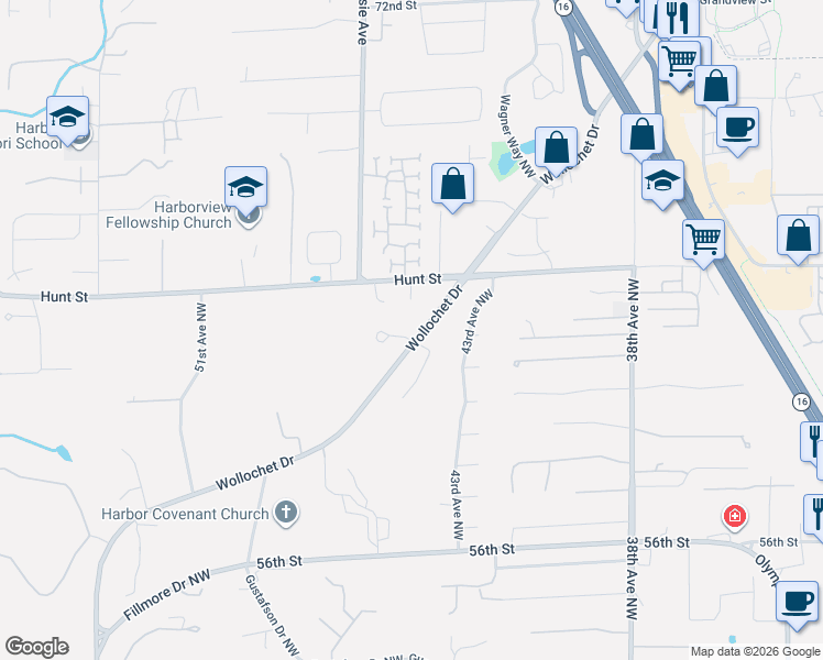 map of restaurants, bars, coffee shops, grocery stores, and more near 4501 62nd Street Northwest in Gig Harbor