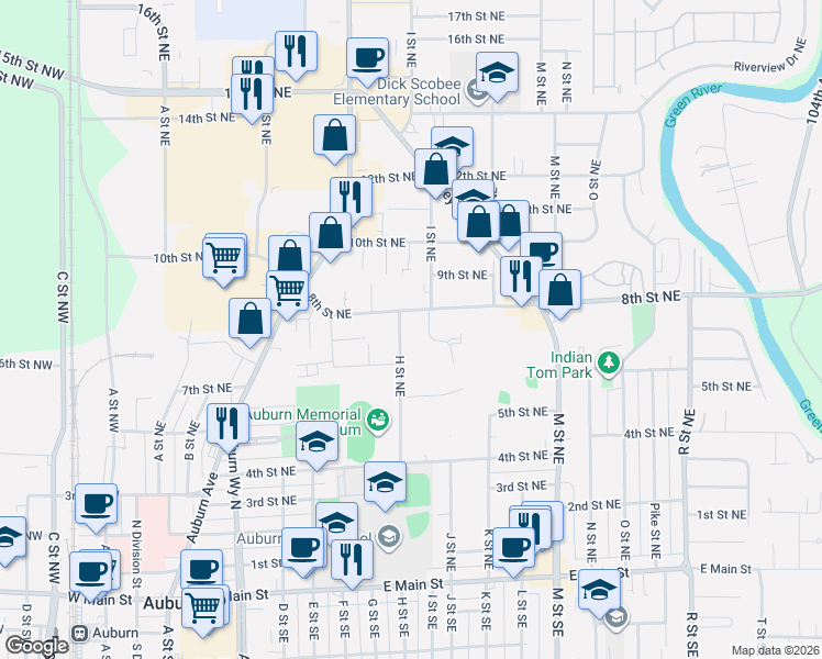 map of restaurants, bars, coffee shops, grocery stores, and more near 730 H Street Northeast in Auburn