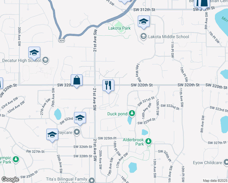 map of restaurants, bars, coffee shops, grocery stores, and more near 1901 Southwest 320th Street in Federal Way