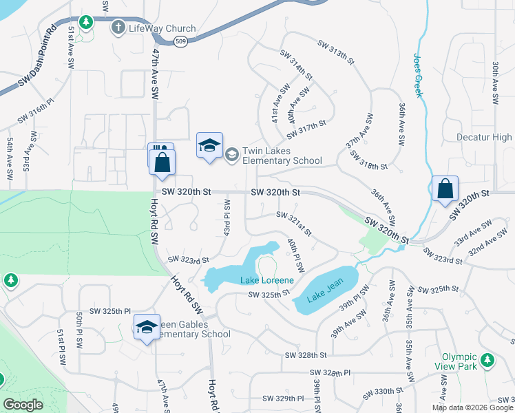 map of restaurants, bars, coffee shops, grocery stores, and more near 32063 41st Place Southwest in Federal Way
