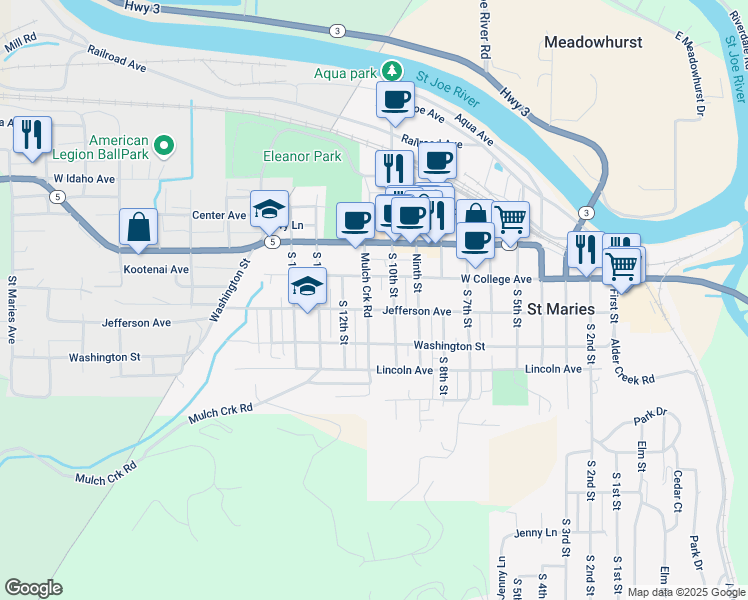 map of restaurants, bars, coffee shops, grocery stores, and more near 240 11th Street in Saint Maries