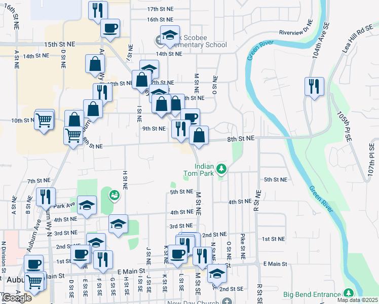 map of restaurants, bars, coffee shops, grocery stores, and more near 701 M Street Northeast in Auburn