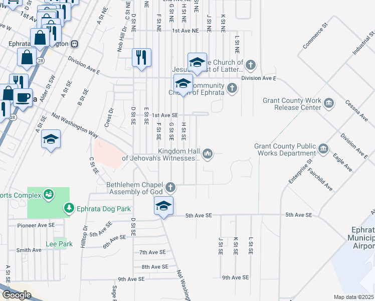 map of restaurants, bars, coffee shops, grocery stores, and more near 166 H Street Southeast in Ephrata