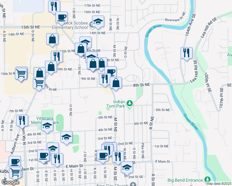 map of restaurants, bars, coffee shops, grocery stores, and more near 701 M Street Northeast in Auburn