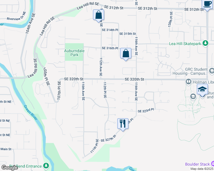 map of restaurants, bars, coffee shops, grocery stores, and more near 11212 Southeast 321st Place in Auburn