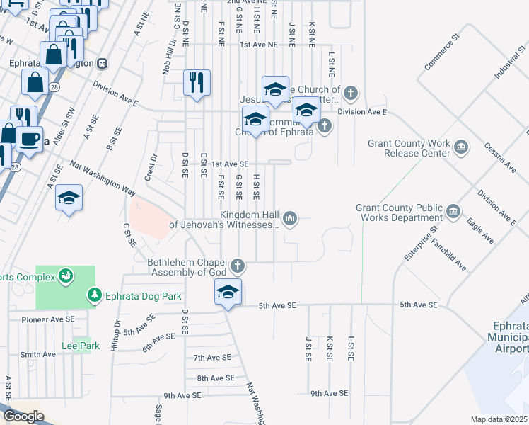 map of restaurants, bars, coffee shops, grocery stores, and more near 166 H Street Southeast in Ephrata