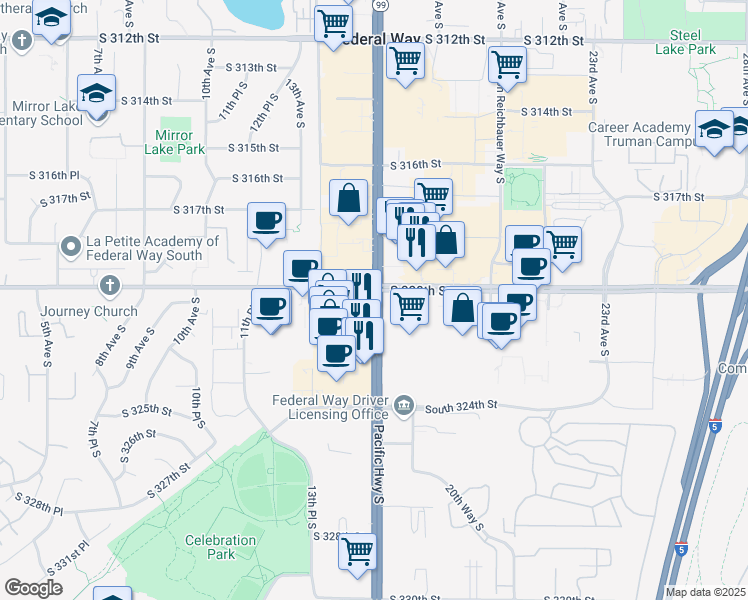 map of restaurants, bars, coffee shops, grocery stores, and more near 32015 Pacific Highway South in Federal Way