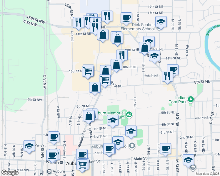 map of restaurants, bars, coffee shops, grocery stores, and more near 502 8th Street Northeast in Auburn