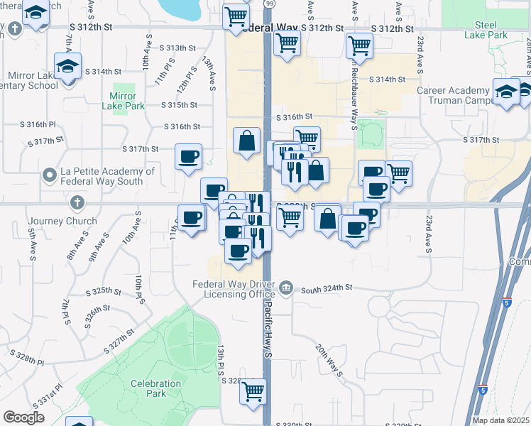map of restaurants, bars, coffee shops, grocery stores, and more near 1701 South Commons in Federal Way
