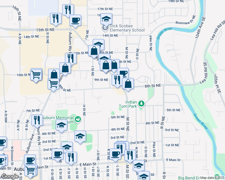 map of restaurants, bars, coffee shops, grocery stores, and more near 1102 8th Street Northeast in Auburn