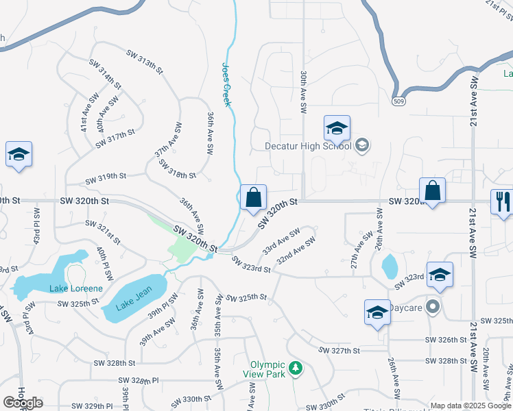 map of restaurants, bars, coffee shops, grocery stores, and more near 3400 Southwest 320th Street in Federal Way