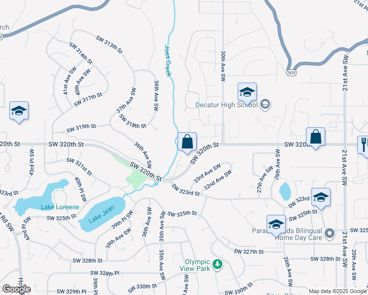 map of restaurants, bars, coffee shops, grocery stores, and more near 3400 Southwest 320th Street in Federal Way