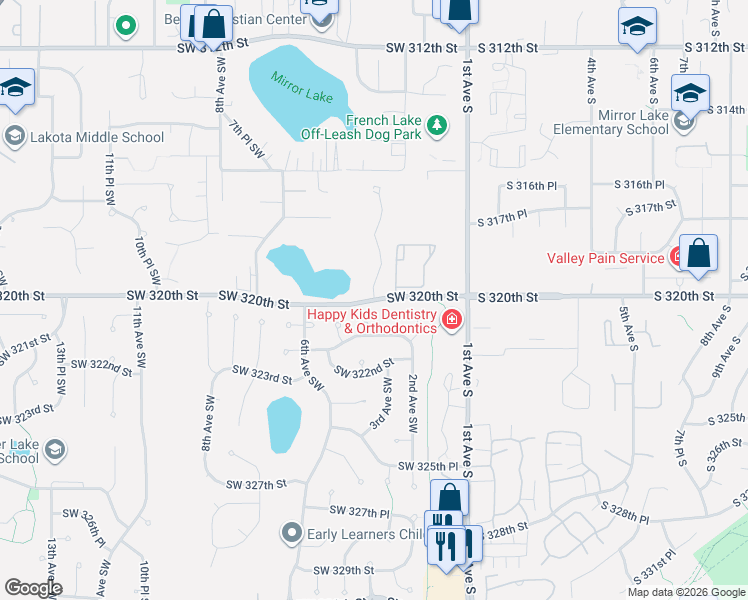 map of restaurants, bars, coffee shops, grocery stores, and more near 36508 3rd Place Southwest in Federal Way