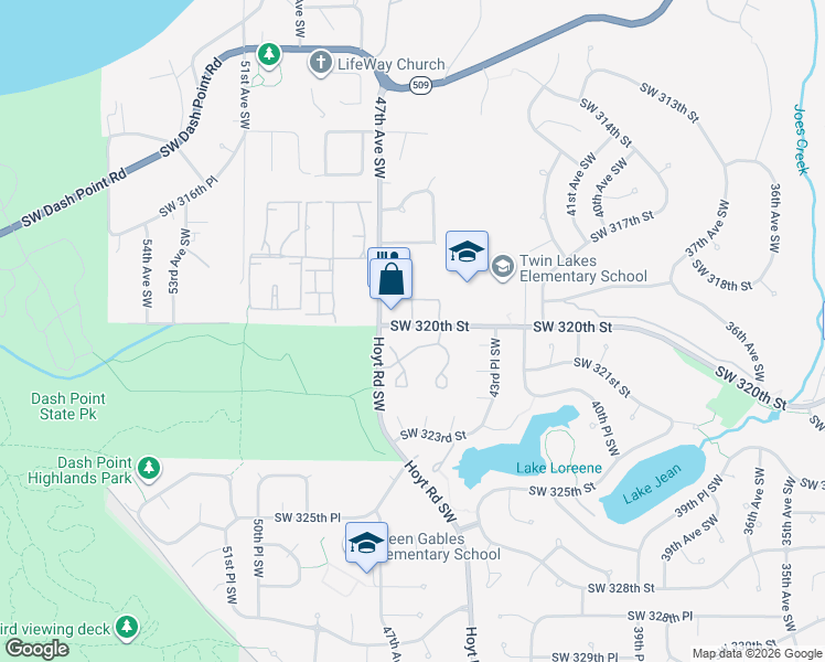 map of restaurants, bars, coffee shops, grocery stores, and more near 4601 Southwest 320th Street in Federal Way