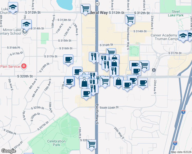 map of restaurants, bars, coffee shops, grocery stores, and more near South 320th Street in Federal Way
