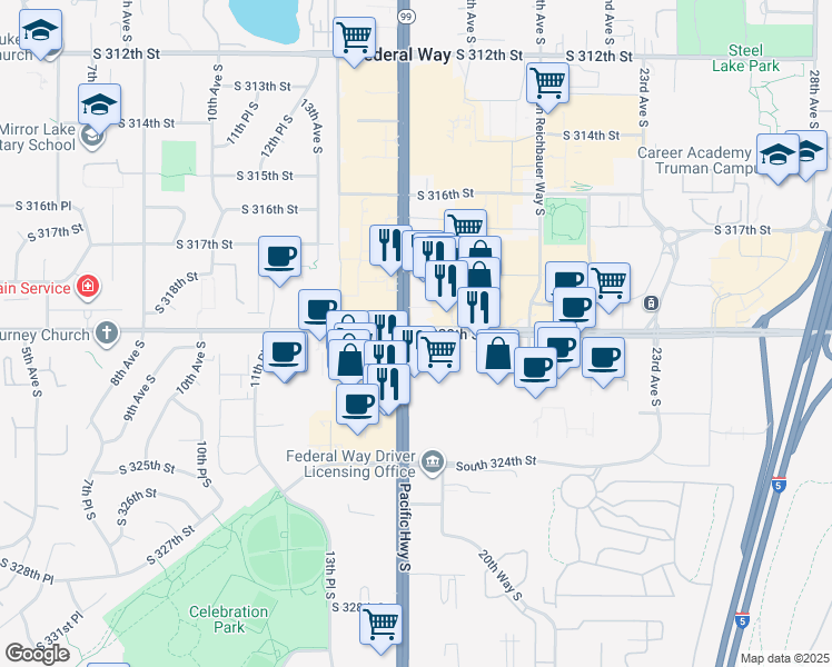 map of restaurants, bars, coffee shops, grocery stores, and more near 1701 South Commons in Federal Way