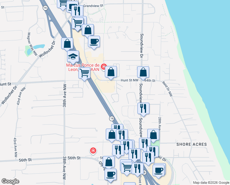 map of restaurants, bars, coffee shops, grocery stores, and more near 6245 Harbor Sunset Lane in Gig Harbor