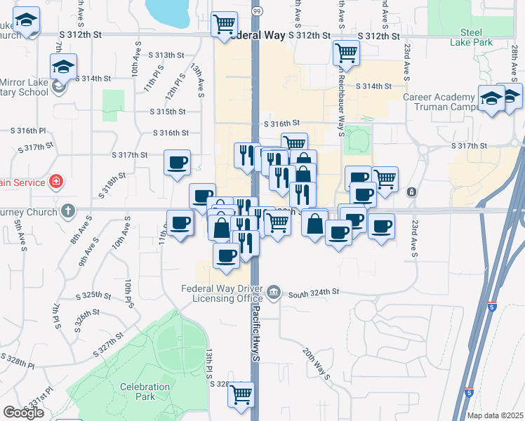 map of restaurants, bars, coffee shops, grocery stores, and more near 1701 South 320th Street in Federal Way