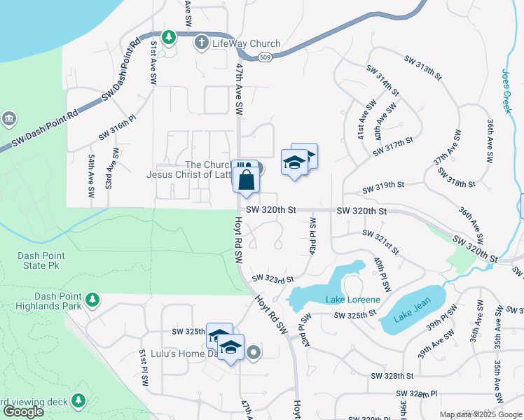 map of restaurants, bars, coffee shops, grocery stores, and more near 4519 Southwest 321st Street in Federal Way