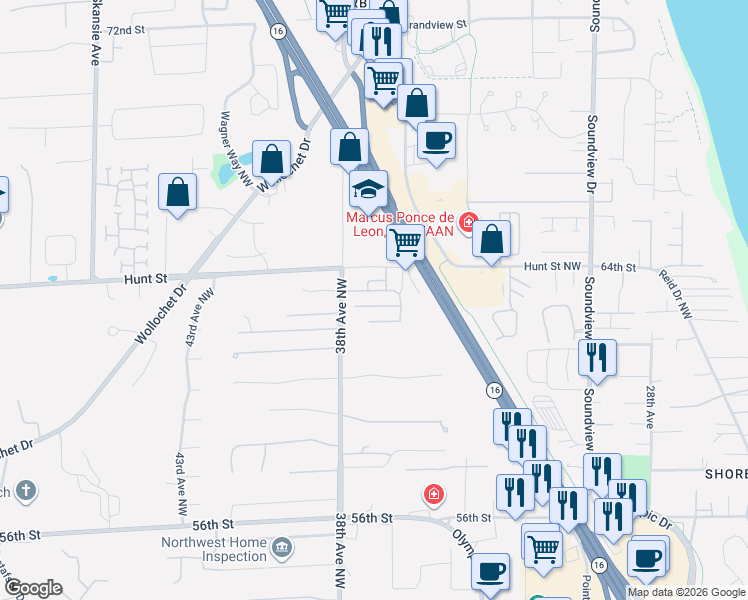 map of restaurants, bars, coffee shops, grocery stores, and more near 3702 Hunt Street in Gig Harbor