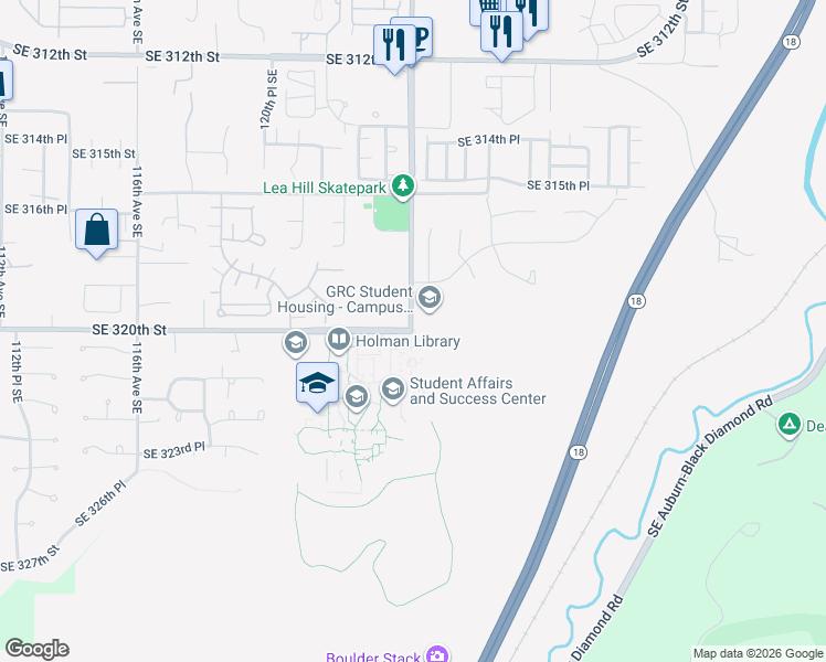 map of restaurants, bars, coffee shops, grocery stores, and more near 12401 Southeast 320th Street in Auburn