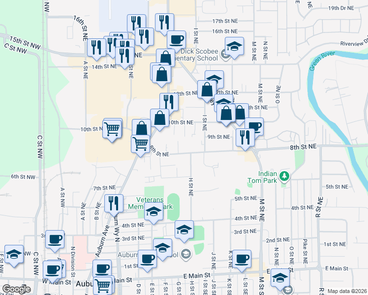 map of restaurants, bars, coffee shops, grocery stores, and more near 734 10th Street Northeast in Auburn