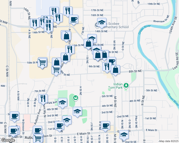 map of restaurants, bars, coffee shops, grocery stores, and more near 905 I Street Northeast in Auburn