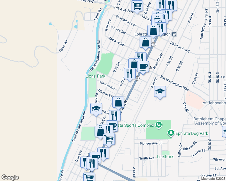 map of restaurants, bars, coffee shops, grocery stores, and more near 328 6th Avenue Southwest in Ephrata