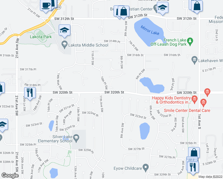 map of restaurants, bars, coffee shops, grocery stores, and more near 919 Southwest 319th Place in Federal Way