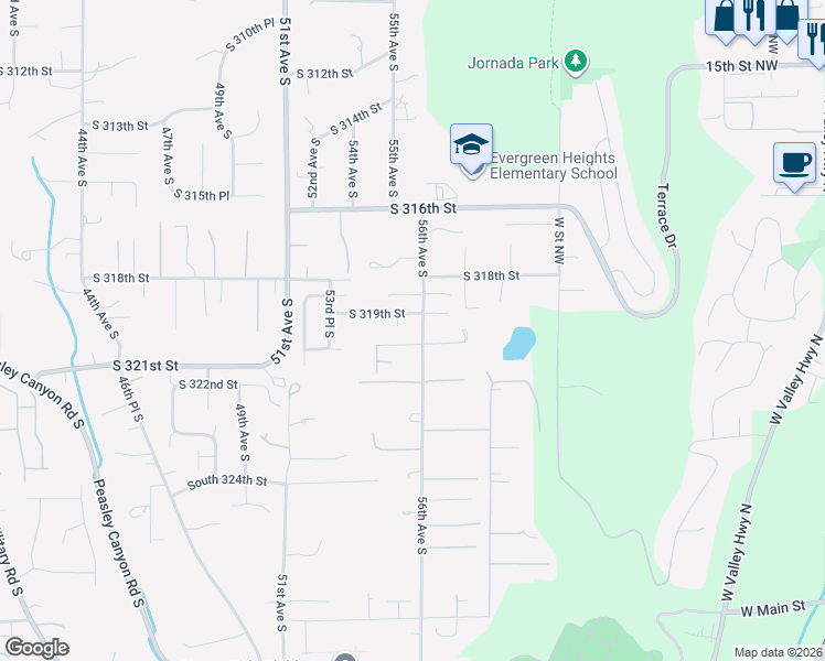 map of restaurants, bars, coffee shops, grocery stores, and more near 5515 South 319th Street in Auburn
