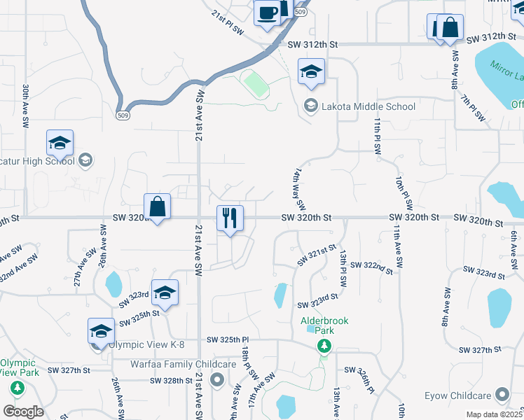 map of restaurants, bars, coffee shops, grocery stores, and more near 1733 Southwest 318th Place in Federal Way