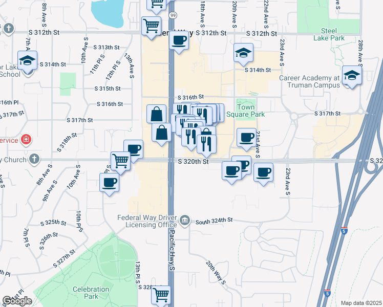 map of restaurants, bars, coffee shops, grocery stores, and more near 1706 South 320th Street in Federal Way