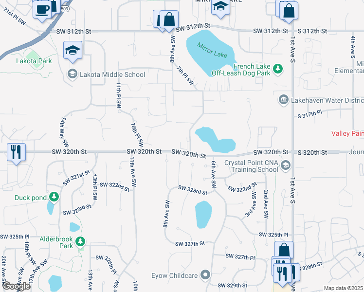 map of restaurants, bars, coffee shops, grocery stores, and more near 700 Southwest 320th Street in Federal Way